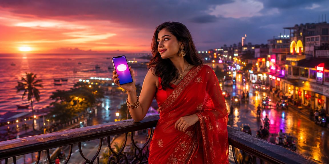 সেন্ট মার্টিনে শাড়ি পরিহিত নারীর মোবাইলে ডিপোজিট ও গেমিং প্ল্যাটফর্ম ব্যবহারের দৃশ্য