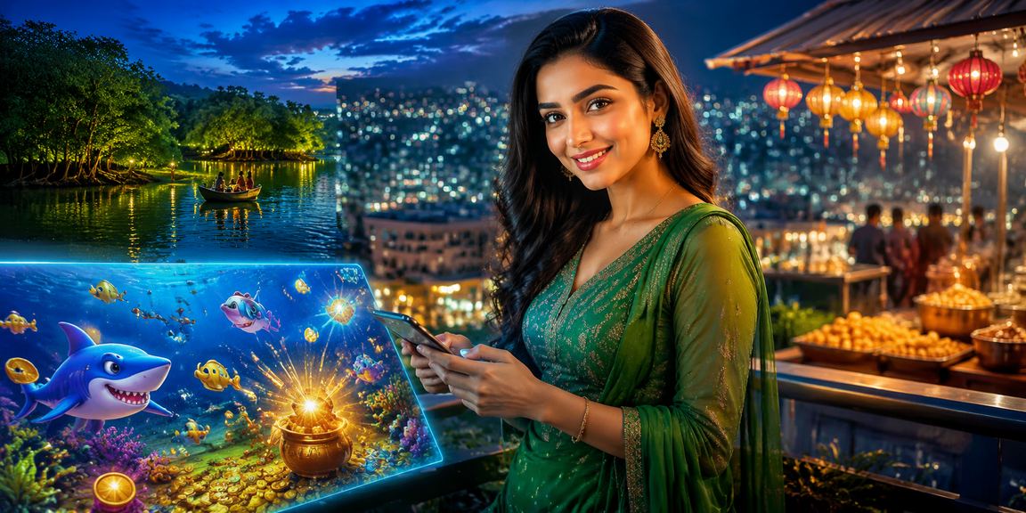 সিলেটের রাতের বাজারে ফিশিং গেম উপভোগরত একজন ব্যবহারকারীর দৃশ্য